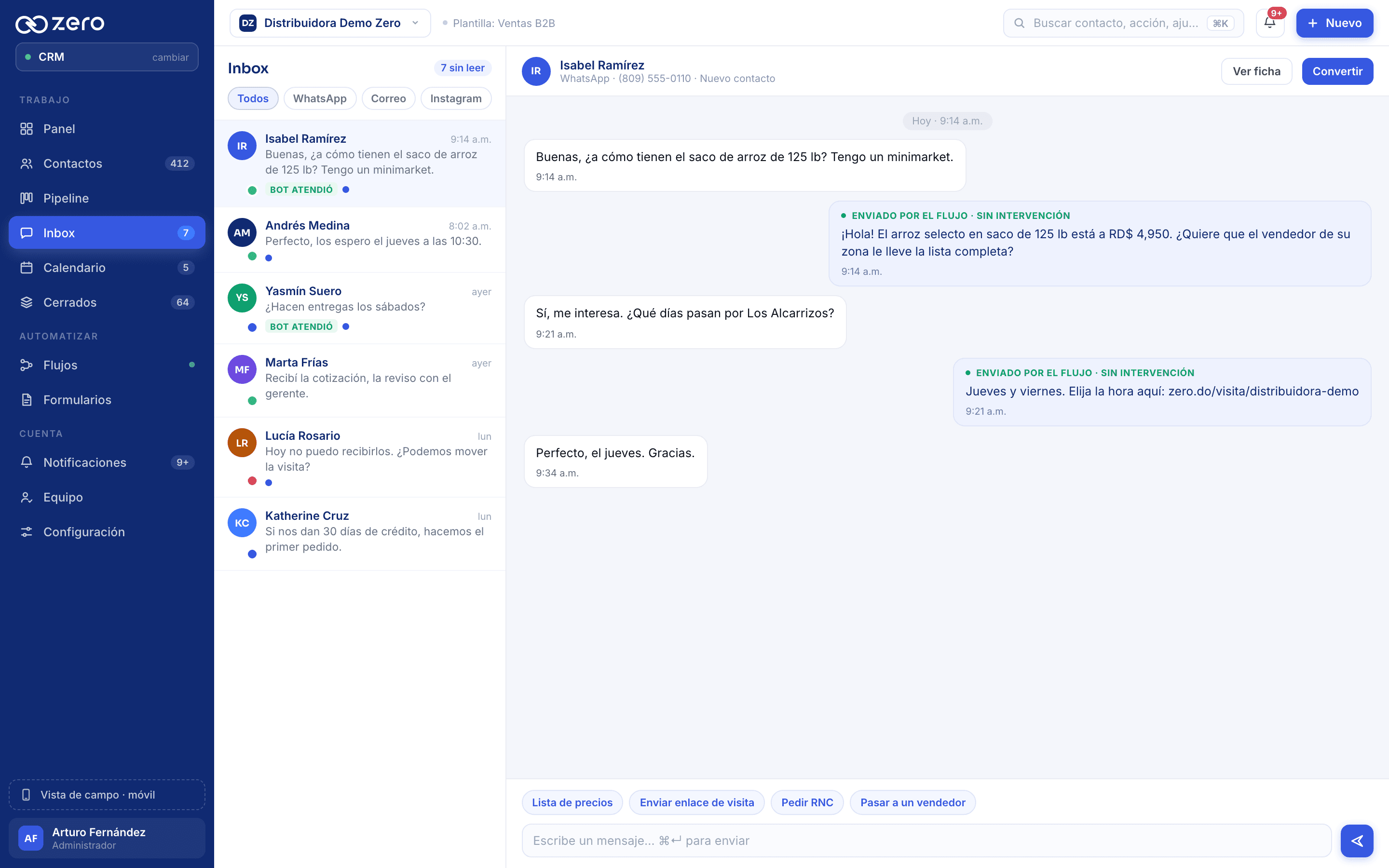 Bandeja de Zero CRM con conversaciones de WhatsApp y las que atendió el agente